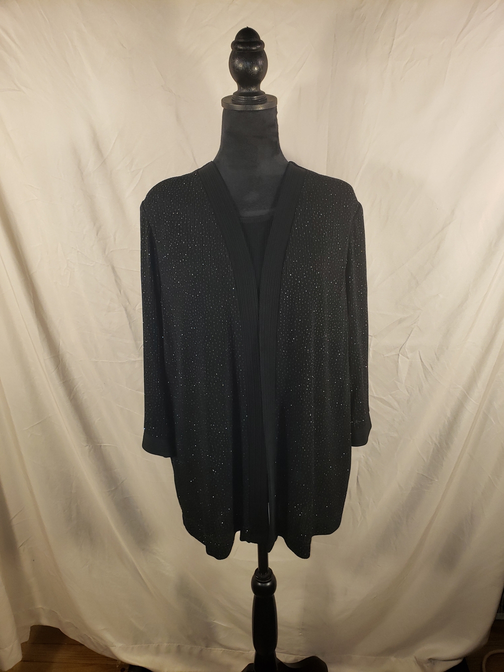 R&M Richards Black Sparkle Open-Front Cardigan W/shell Insert - L